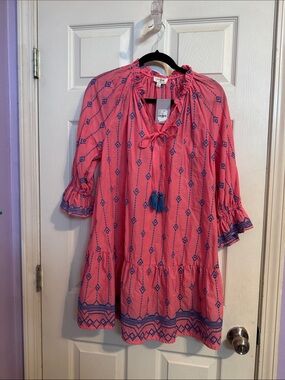 Women’s Pink Embroidered Boho Dress with Tie Neck by Umgee